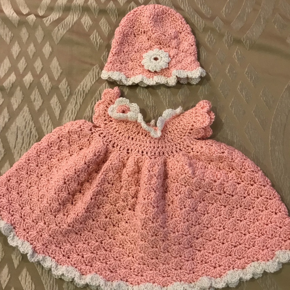 Baby girl crochet dress, knit hat and blanket